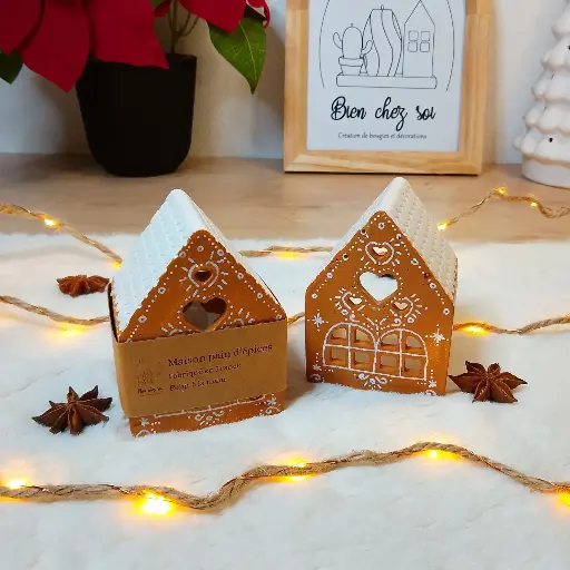 Photophore Maison pain d'épices marron et blanc