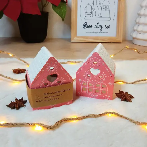 Photophore Maison pain d'épices rose et blanc